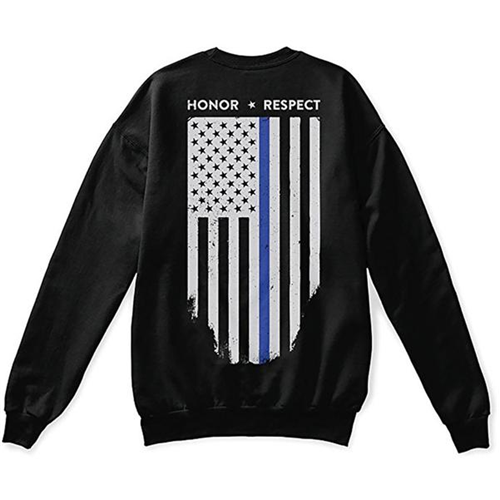 Back view of Thin Blue Line Crew Neck Sweatshirt featuring tattered American flag and "Honor Respect" text.